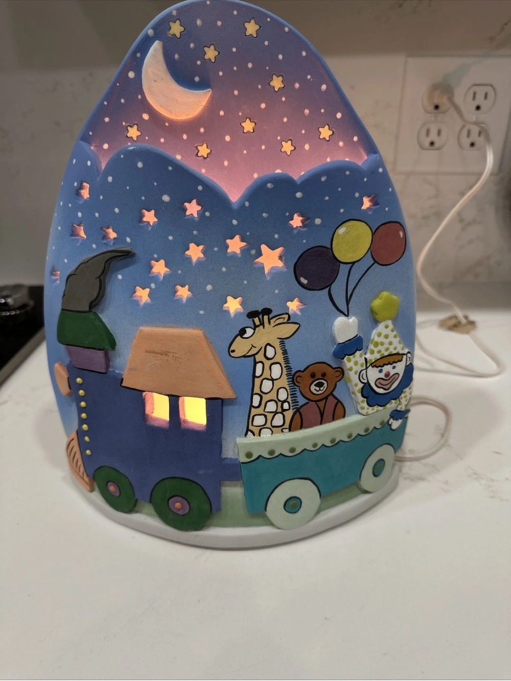Hand Painted Kid’s Nursery Night Light Train Giraffe Bear Clown Stars About 11”